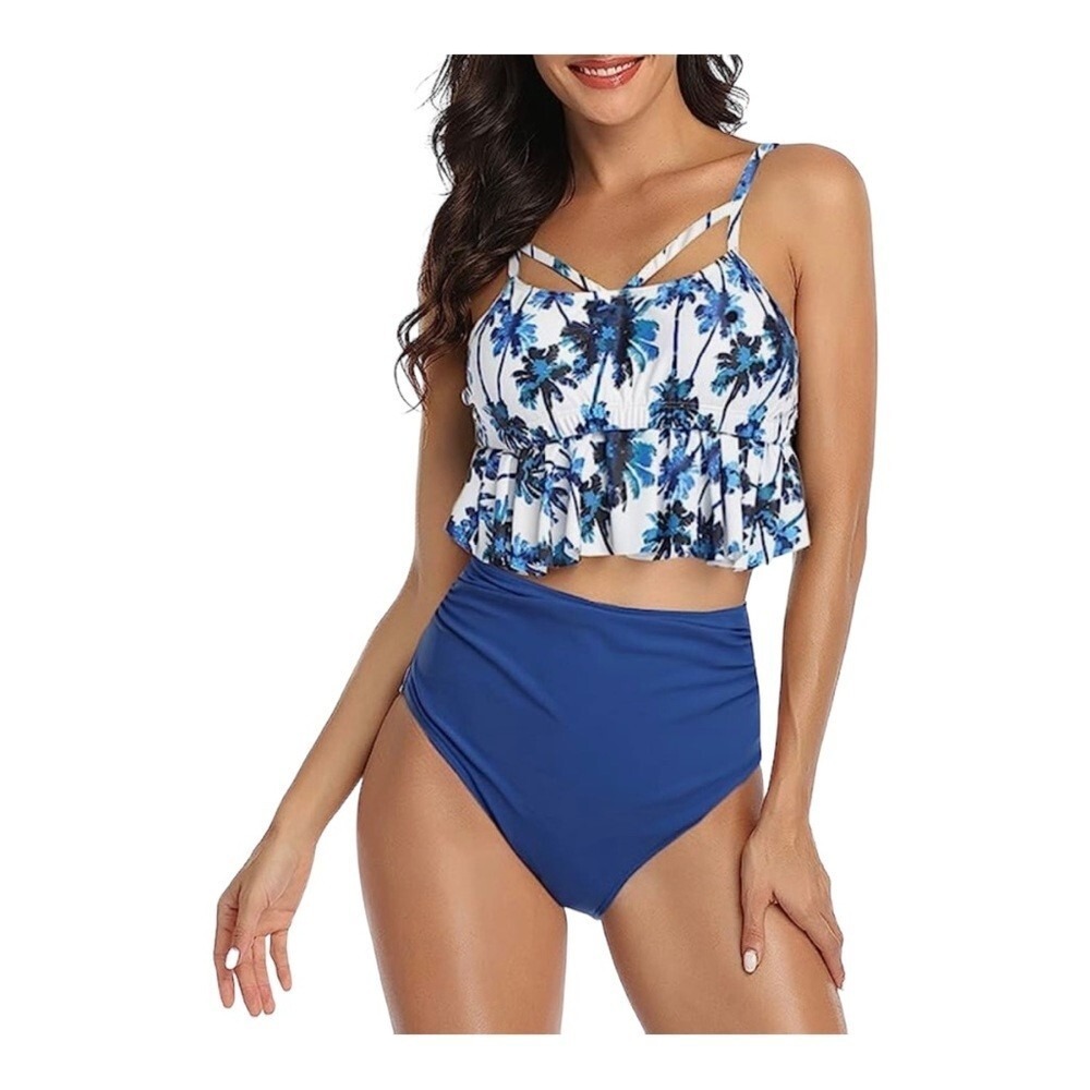 Blue Palm Tree Ruffle Bikini Set High Waisted Swimsuit Womens Size Medium NEW